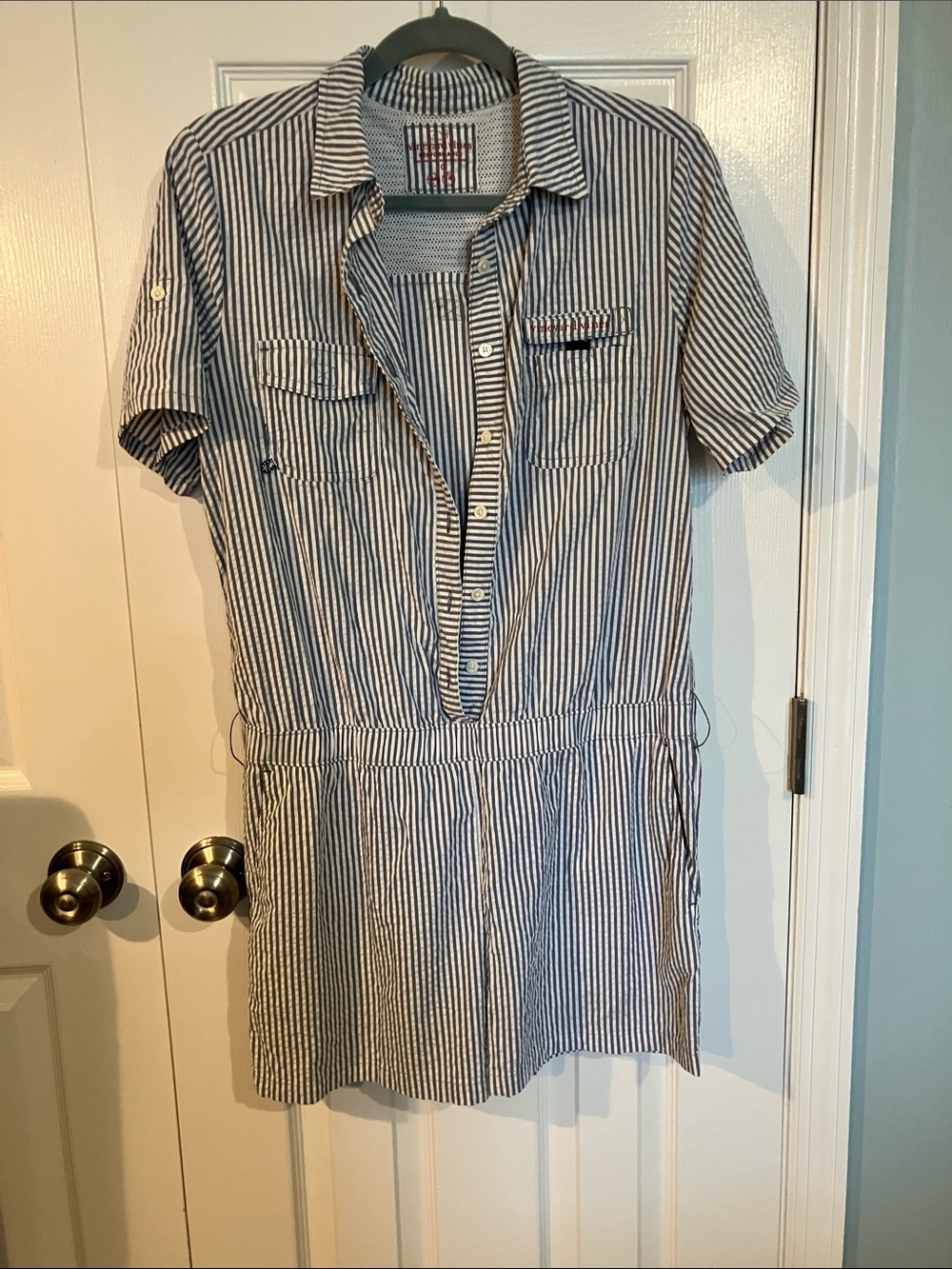 Vineyard Vines. Woman’s Short Sleeve Striped Shirt Romper- Blue & White